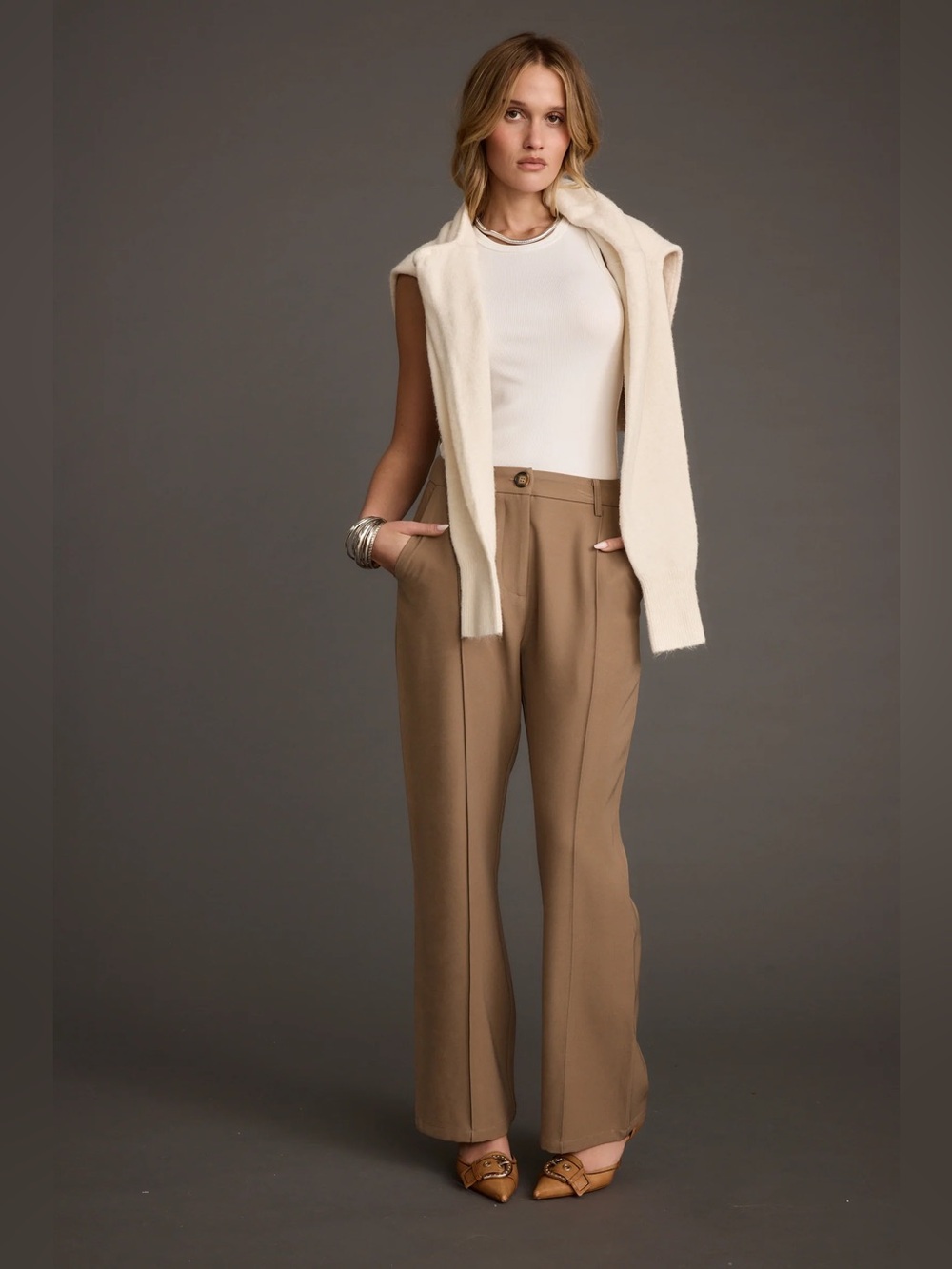 12th Tribe - Virginia Taupe Seamed Slim Leg Trousers - Size M - Picture 8 of 11